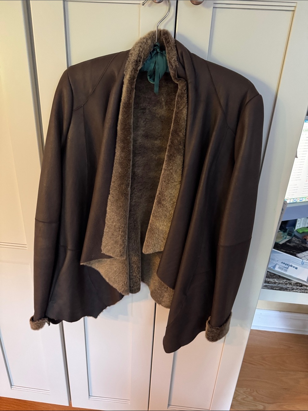 Vince Dark Brown Leather Shearling Open Front Jacket